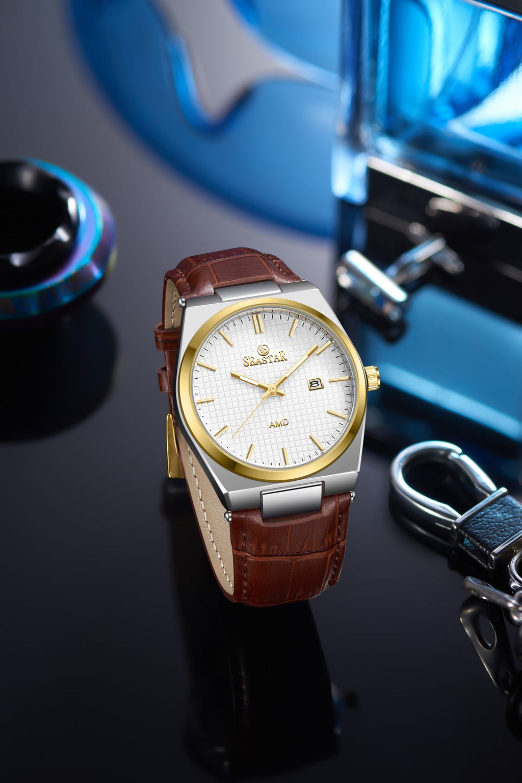 Seastar Checkered Dial Leather Straps Men's Watch 1500