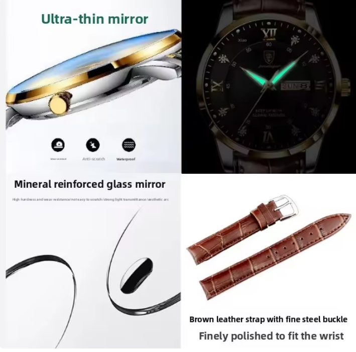 Luxury Watch for Men Waterproof Luminous Watch Calendar Leather Strap Men's Quartz Watches, Poedagar leather strap Waterproof quartz Watch