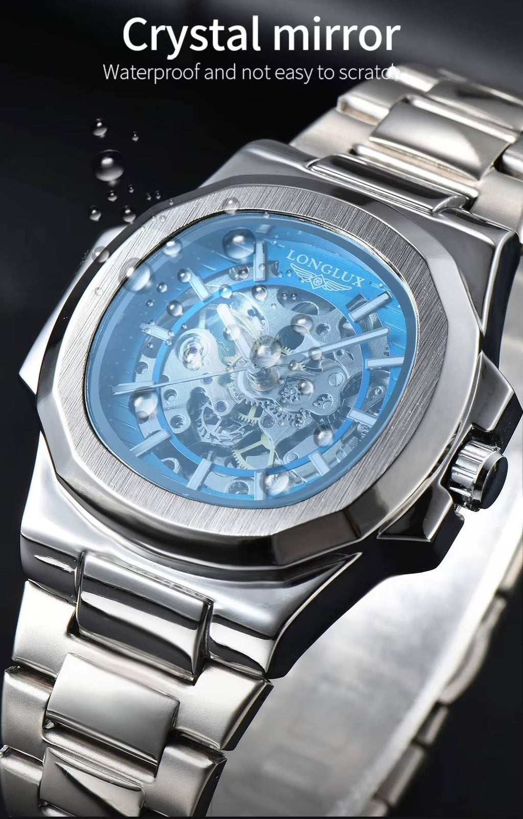 LONGLUX Men Automatic Mechanical Watch Luxury Watches Waterproof Skeleton Business Cheap Wholesale Stainless Steel Gift Watch