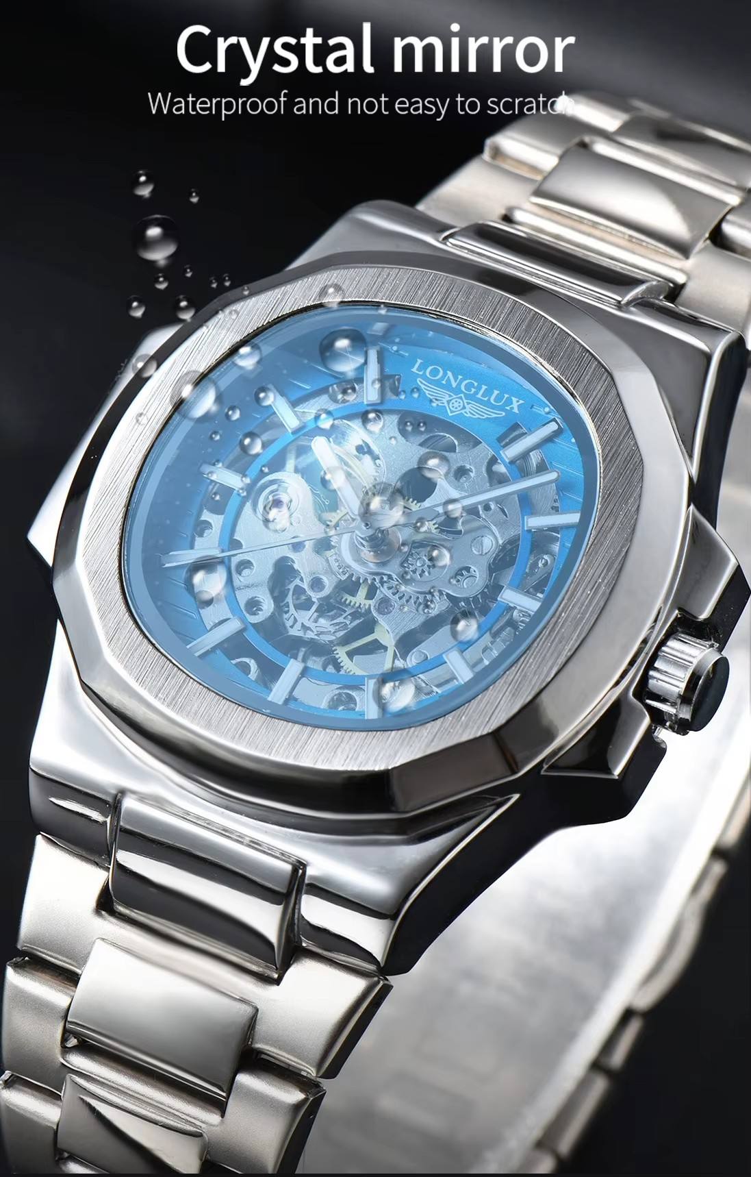 LONGLUX Men Automatic Mechanical Watch Luxury Watches Waterproof Skeleton Business Cheap Wholesale Stainless Steel Gift Watch