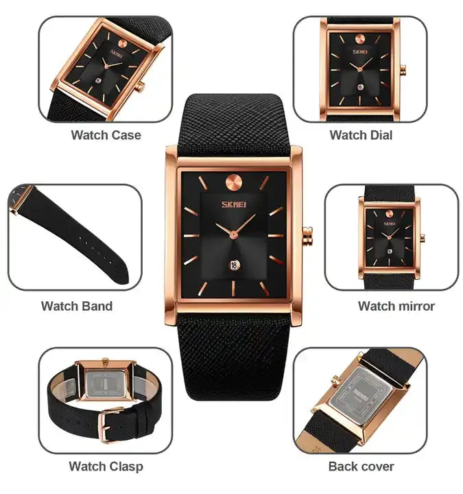 Skmei 9256 Fashion Simple Design Square Dial Genuine Leather Band Quartz Mens Watch Luminous Business Sport Luxury Wrist Watches